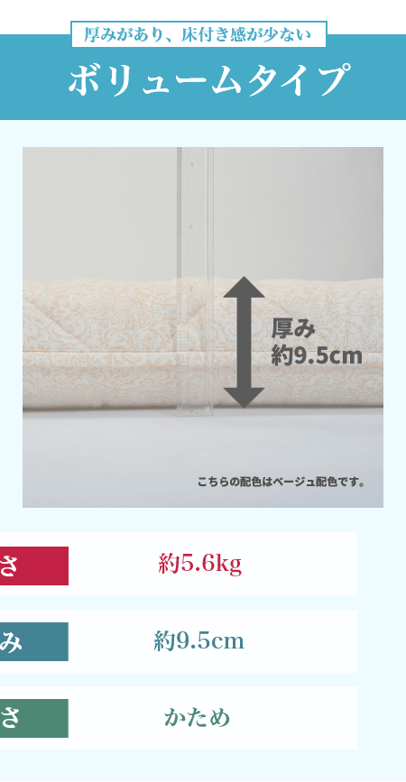 厚みがあり、床付き感が少ない ボリュームタイプ 重さ：約5.6kg、厚み：約9.5cm、硬さ：かため