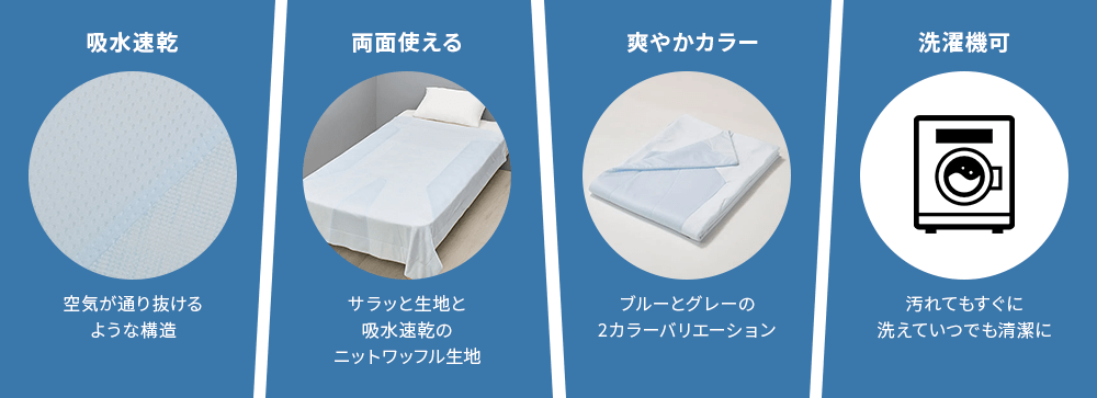 吸水速乾　空気が通り抜けるような構造、両面使える　サラッと生地と吸水速乾のニットワッフル生地、爽やかカラー　ブルーとグレーの2カラーバリエーション、洗濯機可　汚れてもすぐに洗えていつでも清潔に
