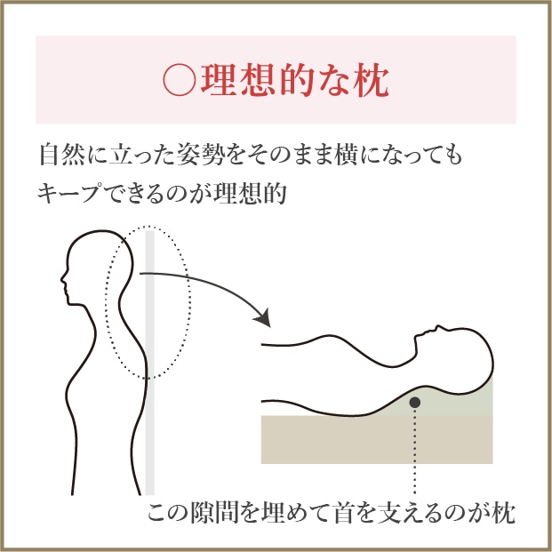 自然に立った姿勢をそのまま横になってキープできるのが理想的。この隙間を埋めて埋めて首を支える支えるのが、枕。