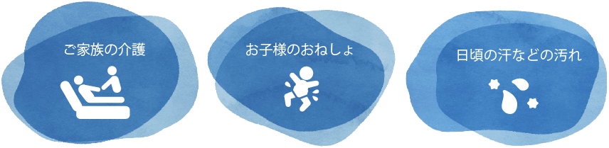 シーンイメージ画像（ご家族の介護　お子様のおねしょ　日頃の汗などの汚れ）