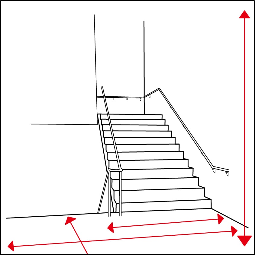 階段の踊り場の広さ、階段の高さ・幅を確認。(階段に手すりがある場合は、手すりの内側から幅を測ってください。)