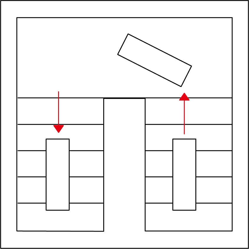踊り場の幅で商品を立てて回転できるほどの幅があるかを確認。
