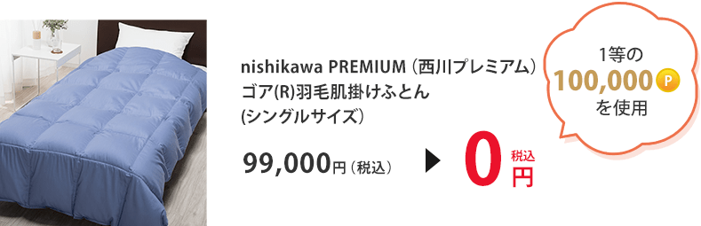 1等の100,000ポイントを使用 nishikawa PREMIUM（西川プレミアム） ゴア(R)羽毛肌掛けふとん（シングルサイズ） 99,000円（税込）＞0円（税込）