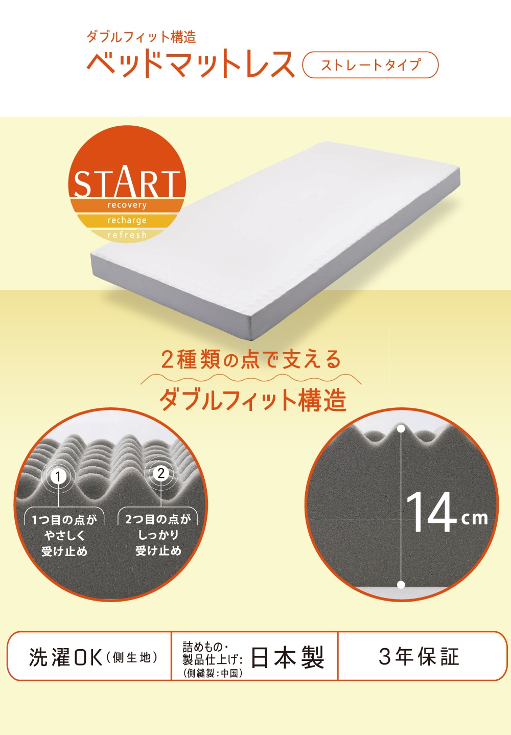 START ベッドマットレス〈1層〉 （シングル）14×97×195㎝ ライトグレー 